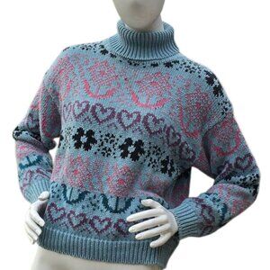 Vintage 80's  90's PARIS SPORTS CLUB Heart Pattern Turtleneck Sweater sz S